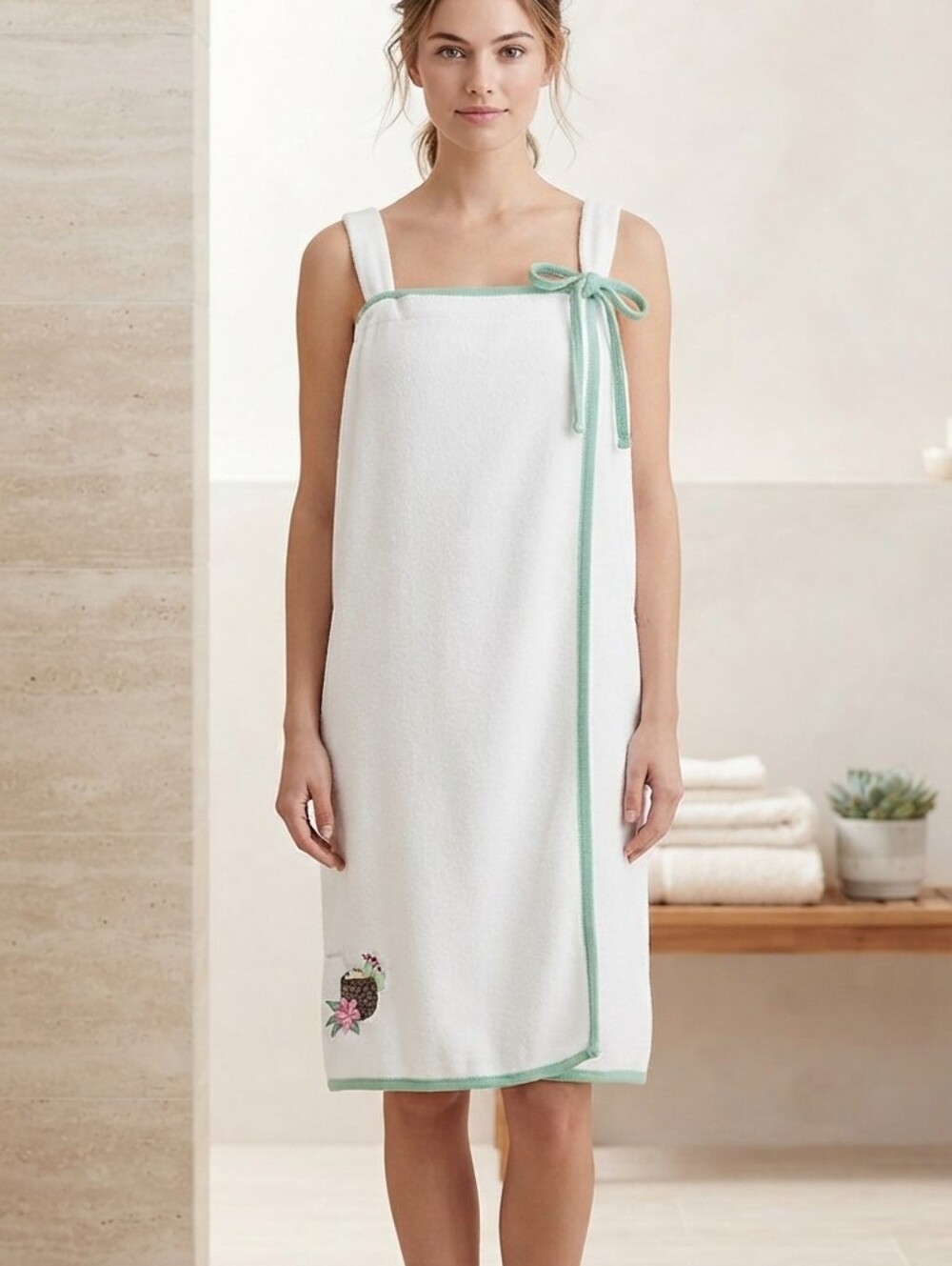 White Plush Bath Wrap with Mint Green Trim and Minor Stains Size Large.